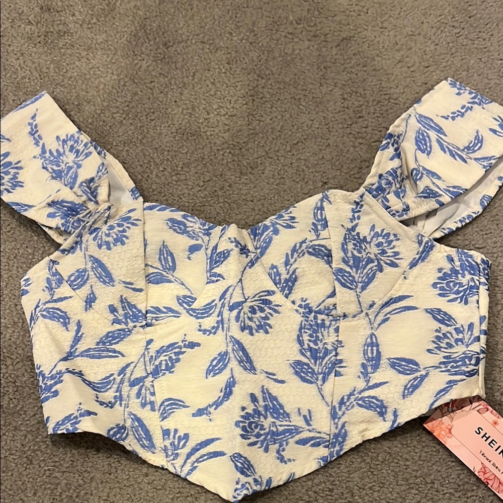 SHEIN Blue and White Fitted Bustier Blouse
